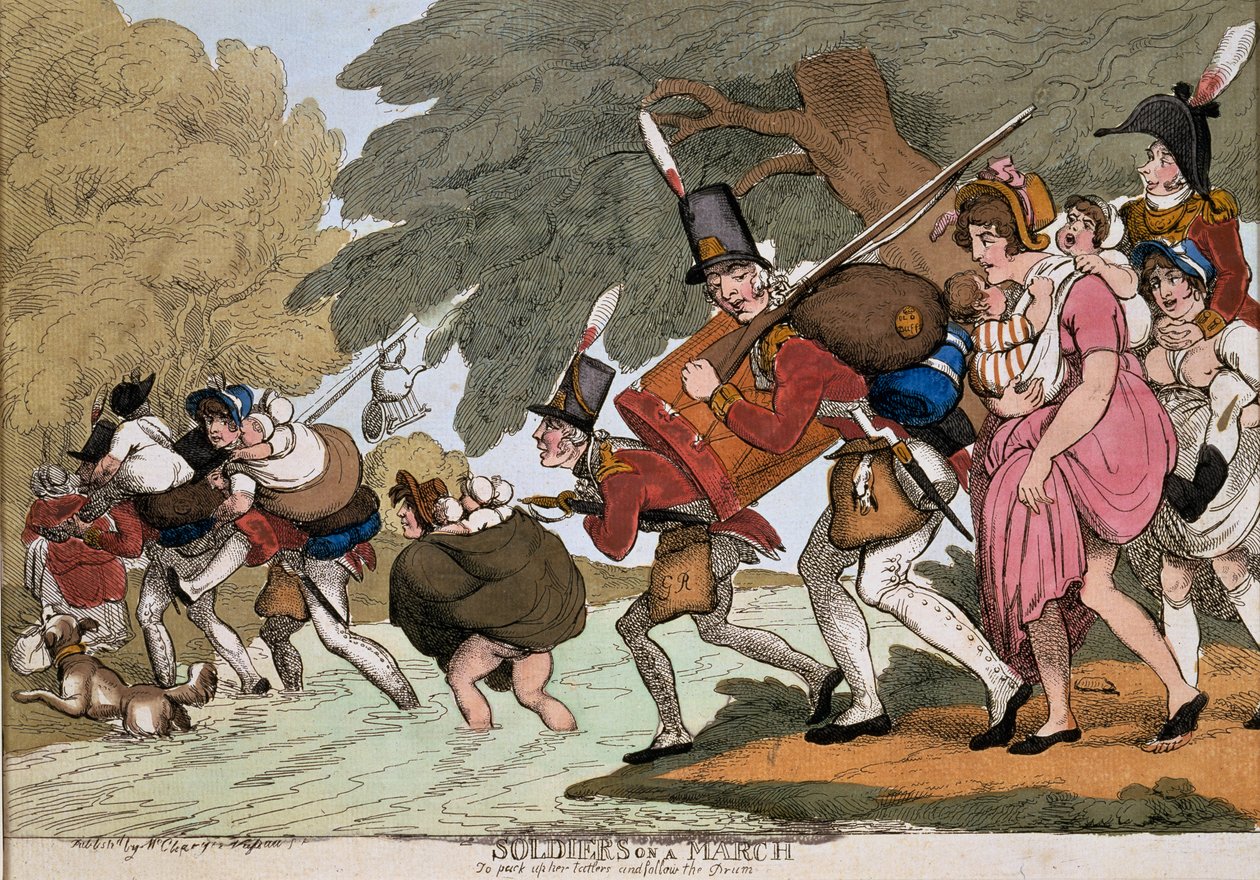 Żołnierze w marszu, rycina G.M. Woodwarda, wyd. 1811 (akwaforta kolorowa) autorstwa Thomas Rowlandson