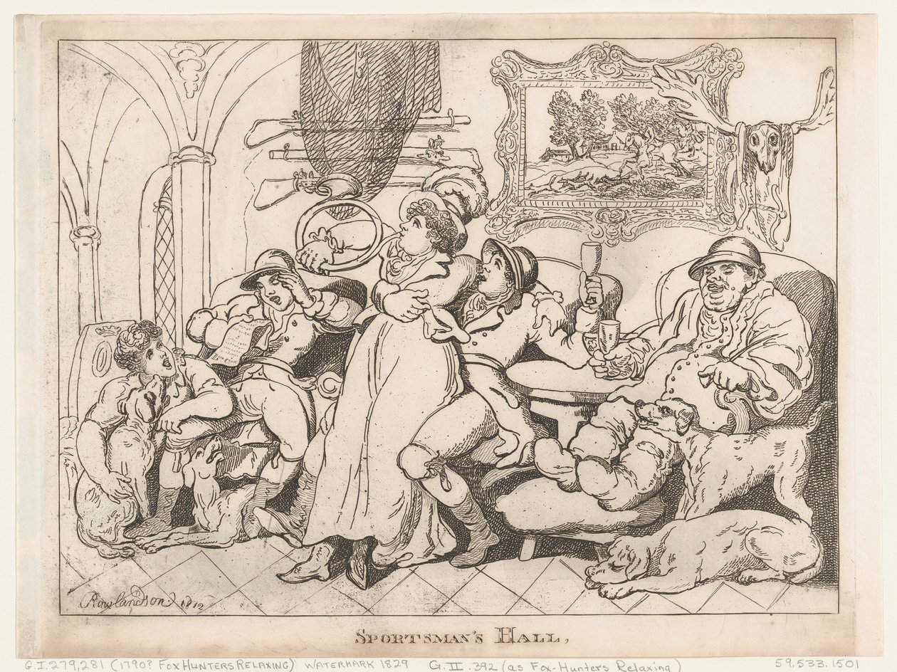 Sala sportowców, czyli odpoczywający myśliwi na lisy autorstwa Thomas Rowlandson