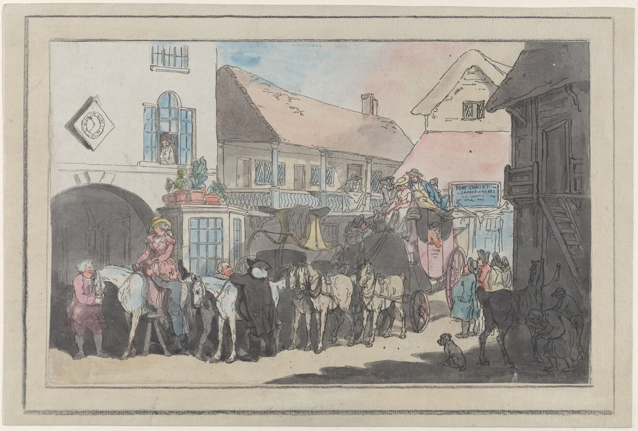 Dyliżans i jeźdźcy na podwórku gospody, przygotowania do odjazdu, 1789-95., 1789-95. autorstwa Thomas Rowlandson