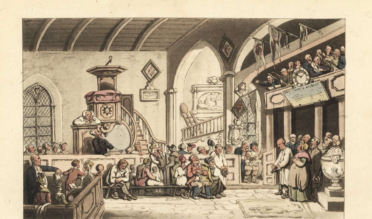 Niedzielne nabożeństwo w wiejskim kościele, Regency Era autorstwa Thomas Rowlandson