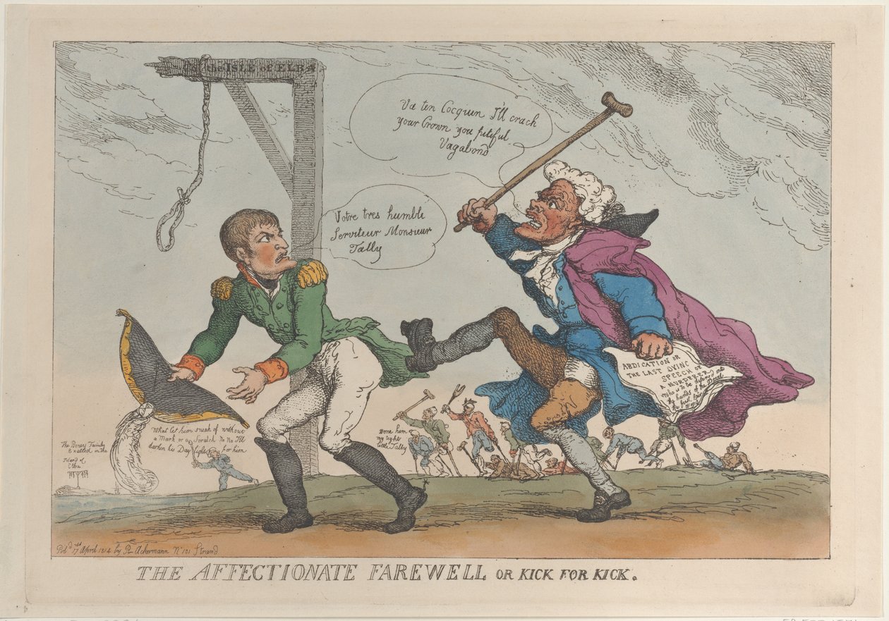 Affectionate Farewell lub Kick for Kick, 17 kwietnia 1814, 17 kwietnia 1814. autorstwa Thomas Rowlandson