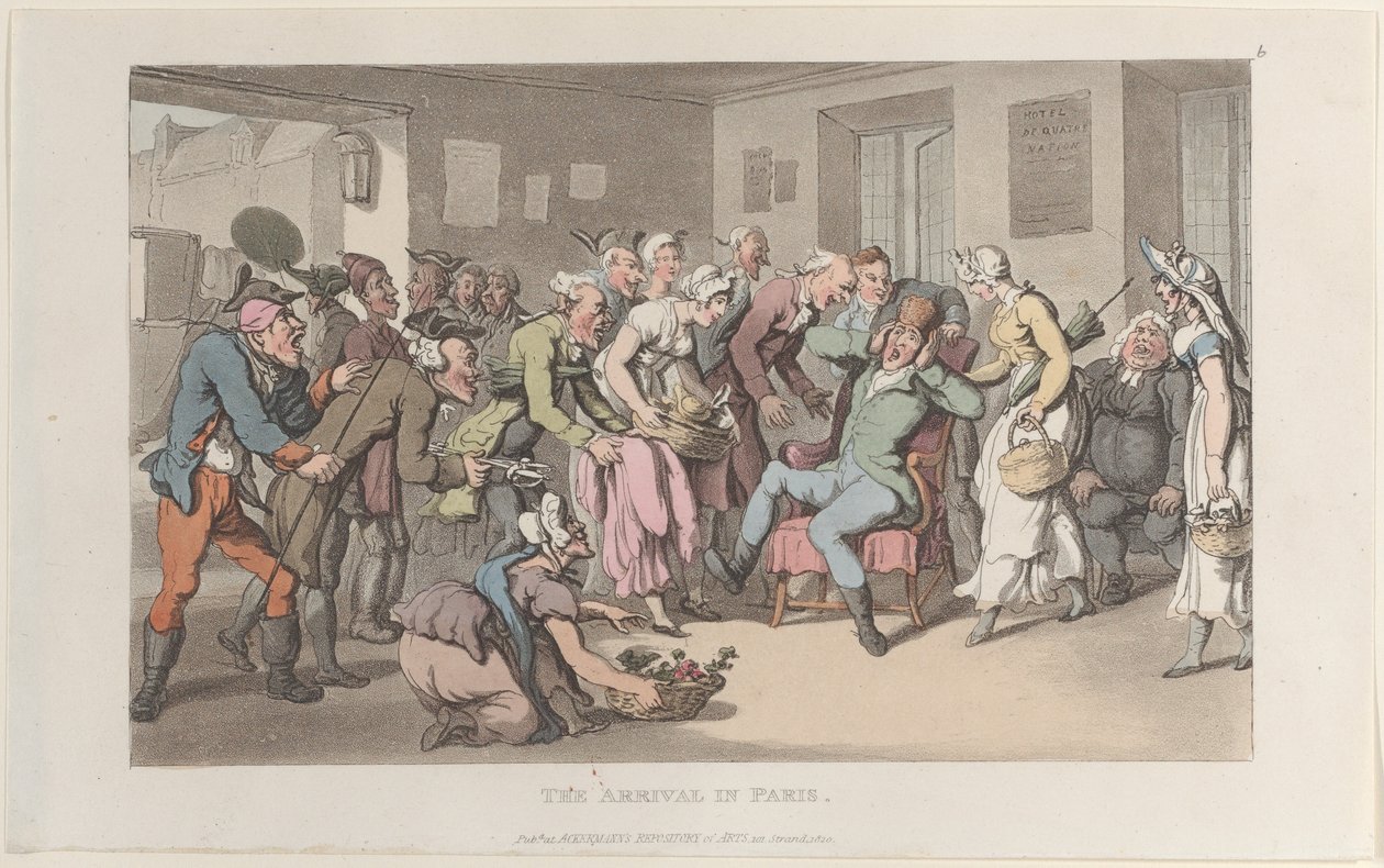Przyjazd do Paryża, z Journal of Sentimental Travels in Southern Province of Fr..., 1820. autorstwa Thomas Rowlandson