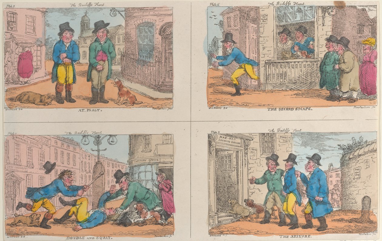 Polowanie na komornika: z winy, druga ucieczka, podwójna i przysiada oraz napad, 1809., 1809. autorstwa Thomas Rowlandson