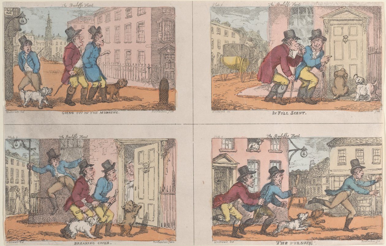 Polowanie na komornika: wychodzenie rano, w pełnym zapachu, przełamywanie osłony i pościg..., 1809. autorstwa Thomas Rowlandson