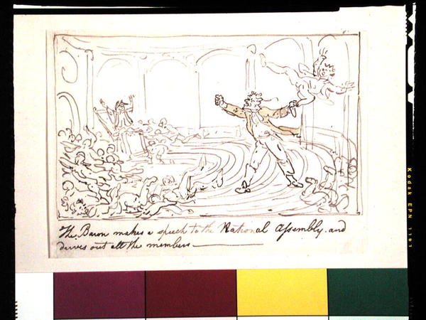 Baron wygłasza przemówienie do Zgromadzenia Narodowego i wypędza wszystkich członków (pióro i atrament oraz akwarela na papierze) autorstwa Thomas Rowlandson