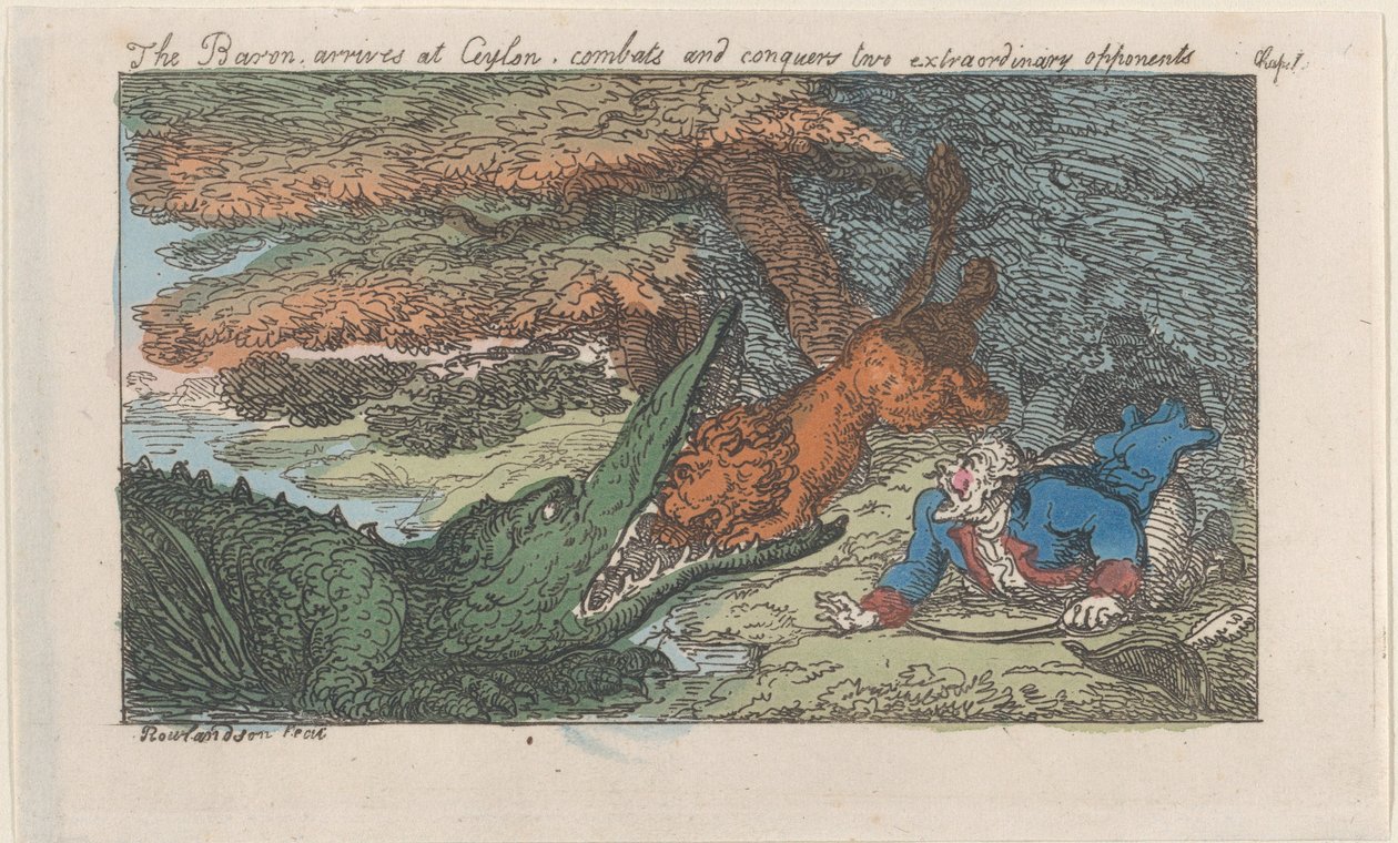 Baron przybywa na Cejlon, walczy i pokonuje dwóch niezwykłych przeciwników..., [1809], wznowione 1811. autorstwa Thomas Rowlandson