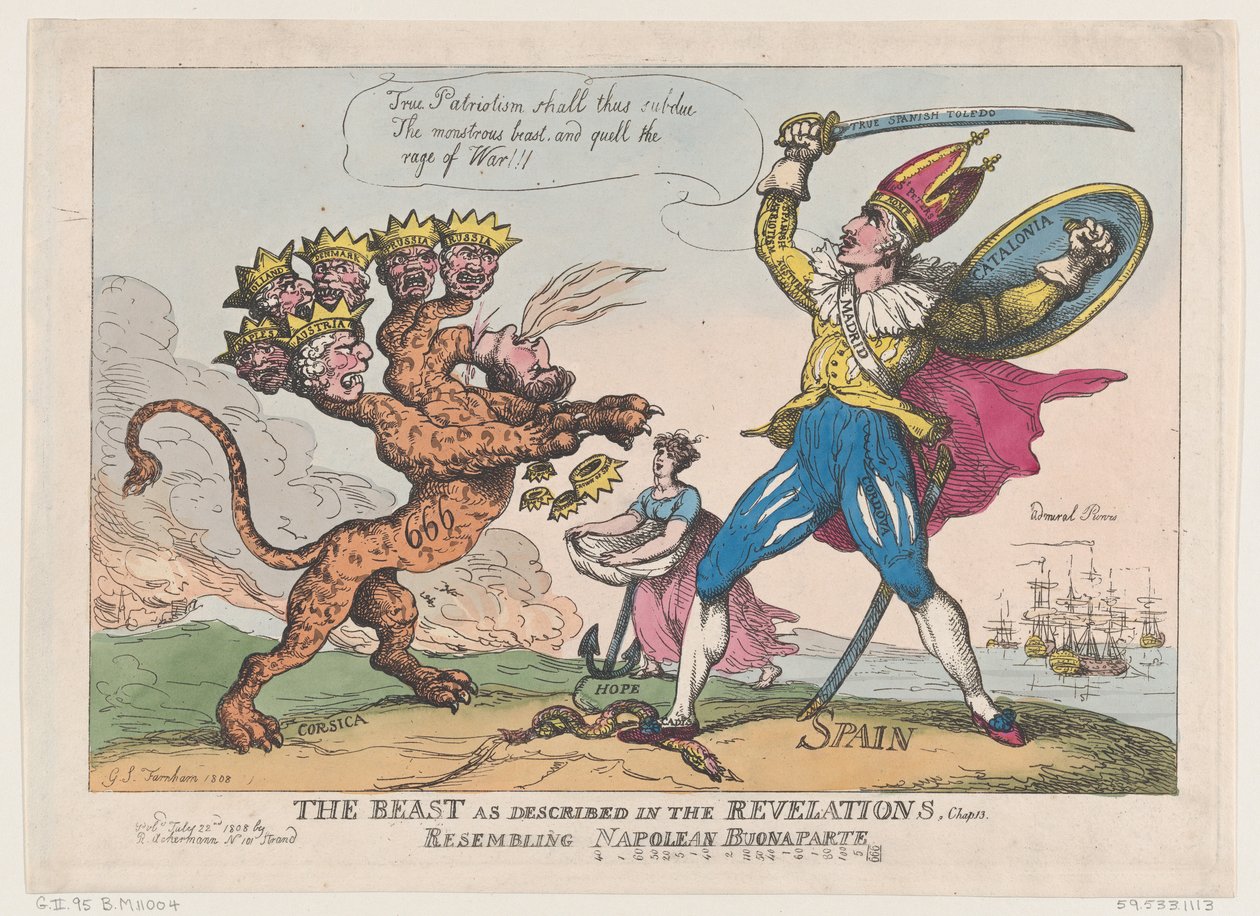 Bestia, jak opisano w Objawieniu, rozdział. 13, Wzorem Napoleona Buonaparte..., 22 lipca 1808 r. autorstwa Thomas Rowlandson