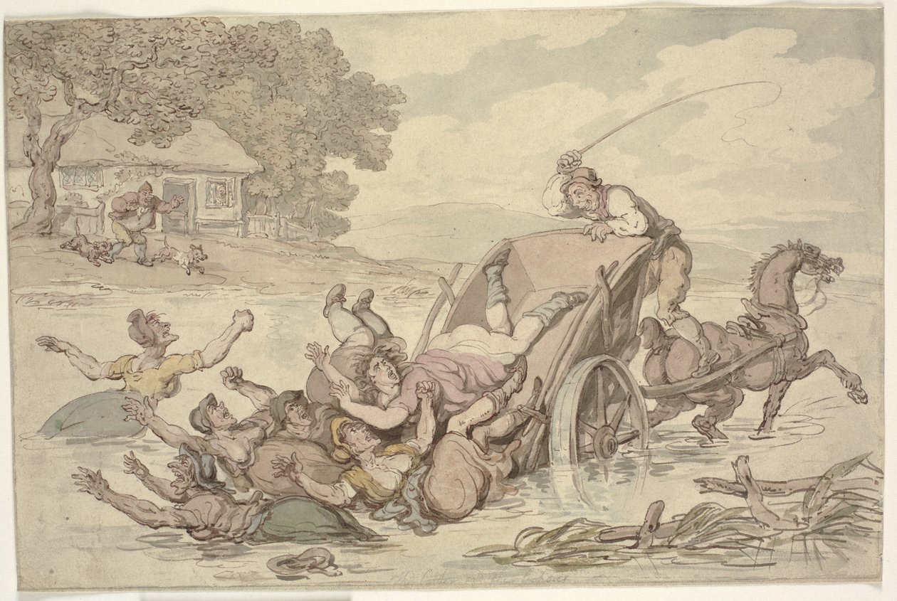 „Carter and the Cygans”: Wózek przewrócił się w strumieniu, wrzucając do wody grupę kobiet autorstwa Thomas Rowlandson