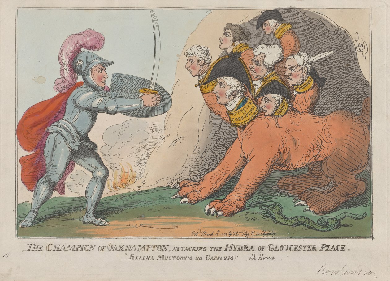Czempion z Oakhampton, atakuje Hydrę z Gloucester Place, 15 marca 1809 r., 15 marca 1809 r. autorstwa Thomas Rowlandson