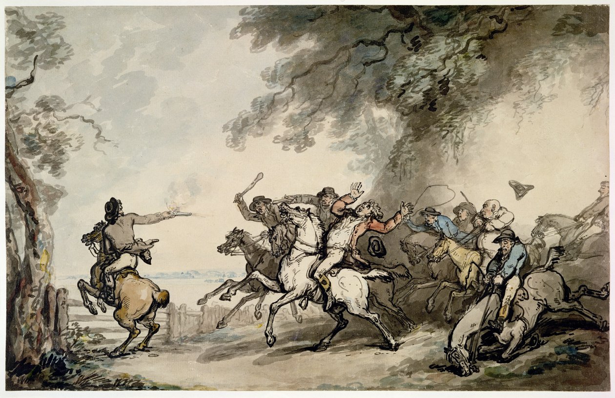 Pogoń rozbójnika, ok. 1790 (pióro, atrament, toaleta i ołówek na papierze) autorstwa Thomas Rowlandson