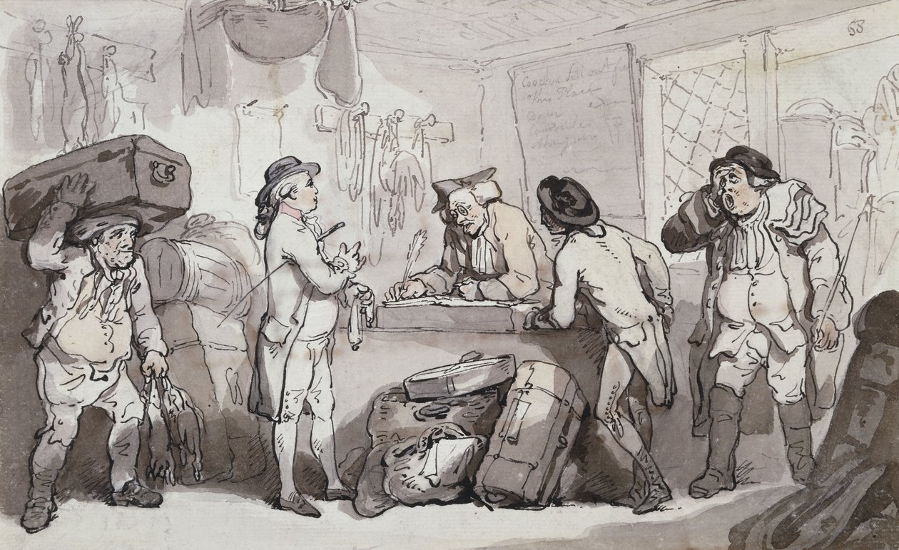 Biuro rezerwacji autokarów: Thomas Rowlandson i Henry Wigstead rezerwują swój przejazd, autorstwa Thomas Rowlandson