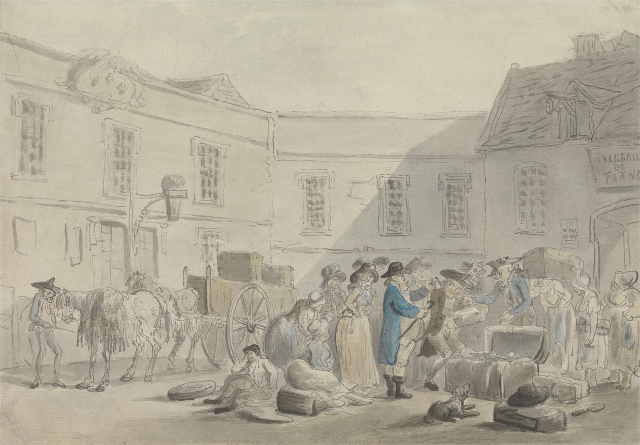 Urząd Celny w Boulogne - verso: Grafitowy szkic koni, powozów i budynków (pióro i atrament i w/c na papierze) autorstwa Thomas Rowlandson