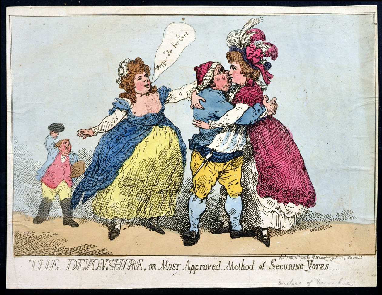 The Devonshire, czyli najbardziej zatwierdzona metoda zabezpieczania głosów, opublikowana przez Williama Humphreya w 1784 r. (akwaforta ręcznie kolorowana) autorstwa Thomas Rowlandson