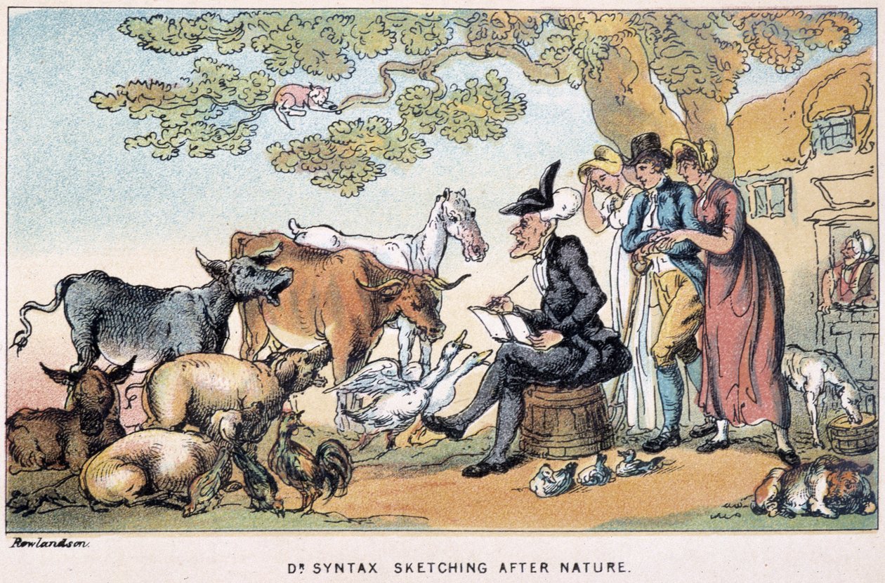 Doktor czerpie zwierzęta gospodarskie z natury – w „Trzech wycieczkach Doktora Syntaxa: w poszukiwaniu malowniczej pociechy i żony”” Williama Combe, chor. Rowlandson autorstwa Thomas Rowlandson