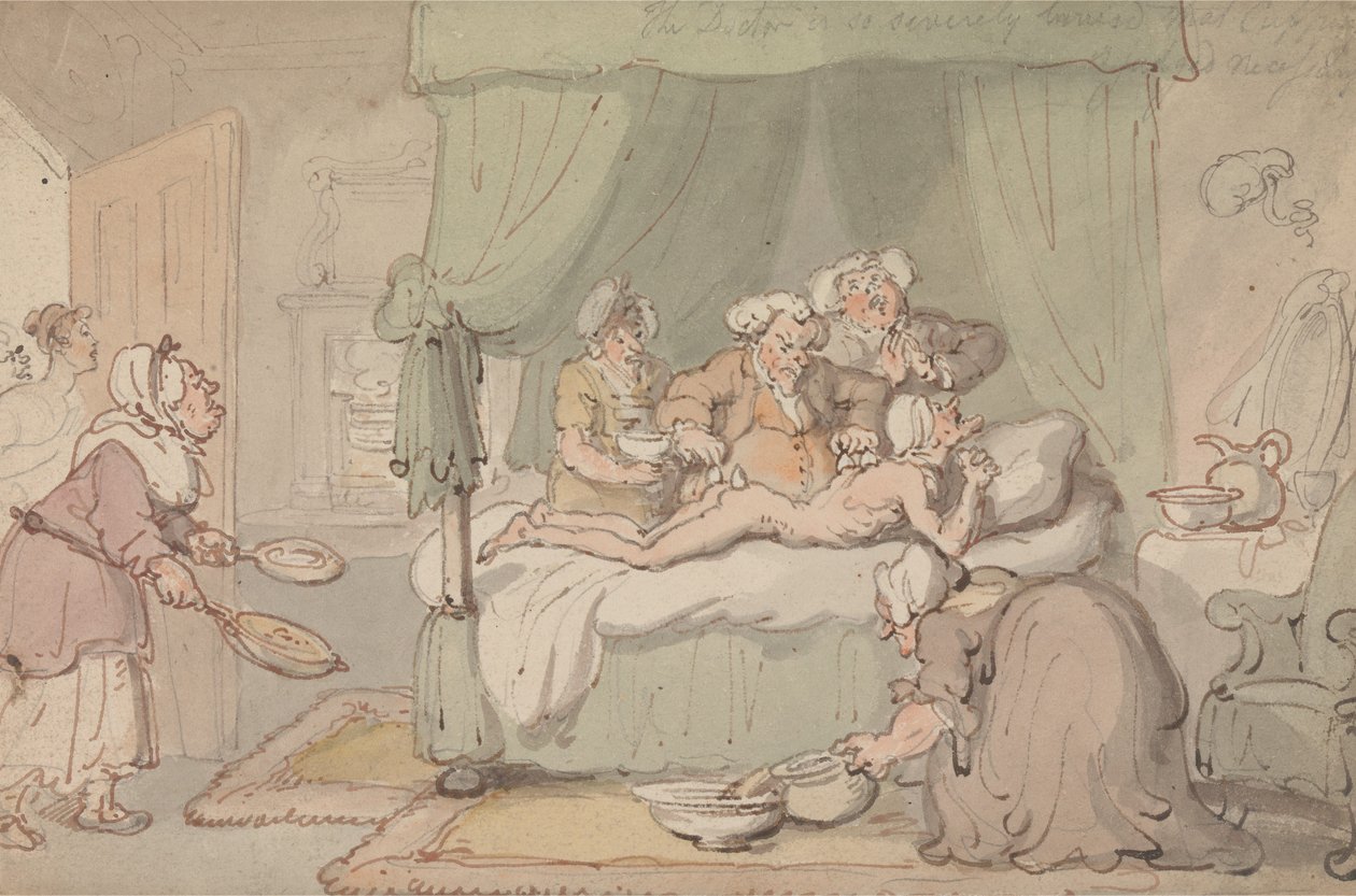 „Lekarz ma tak poważne siniaki, że uznano za konieczne zastosowanie bańki” autorstwa Thomas Rowlandson