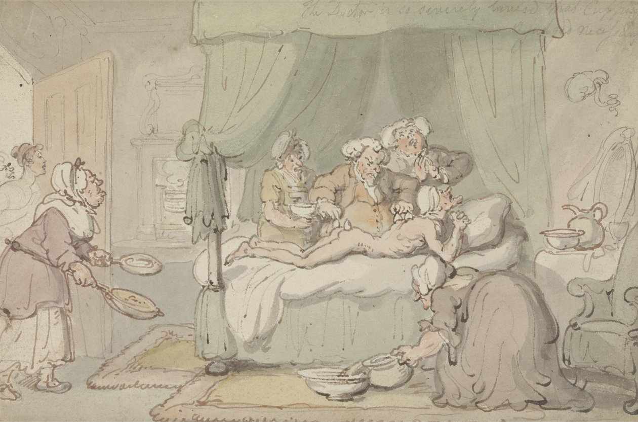 „Doktor jest tak poważnie posiniaczony, że bańka jest uznana za niezbędną”, ok. 1810 (akwarela z piórem i atramentem na papierze) autorstwa Thomas Rowlandson