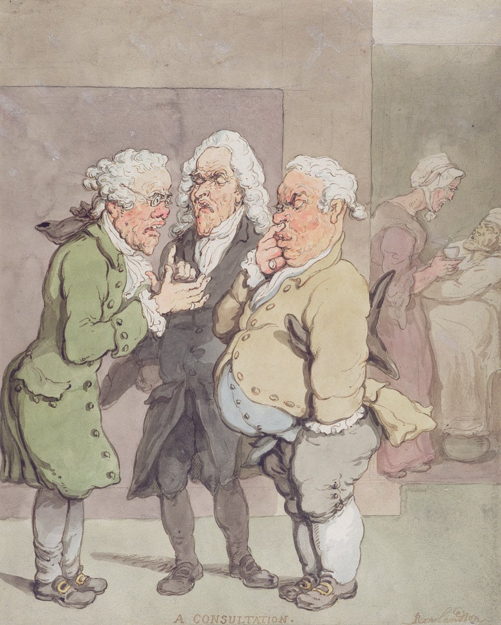Konsultacja lekarska, 1815-1820 (pióro i atrament i toaleta nad grafitem na papierze) autorstwa Thomas Rowlandson