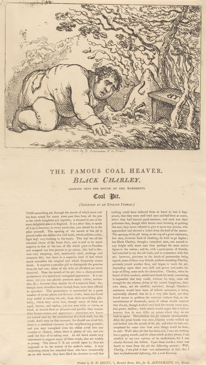 Słynny ładowacz węgla, Black Charley, spoglądający w otwór wspaniałej kopalni węgla autorstwa Thomas Rowlandson