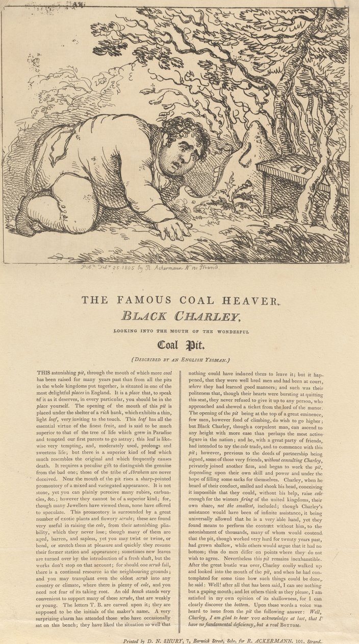 Słynny ładowacz węgla, Black Charley, spoglądający w otwór wspaniałej kopalni węgla autorstwa Thomas Rowlandson