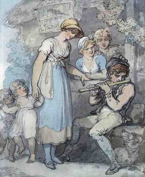 Flecista (pióro, akwarela i ołówek na papierze) autorstwa Thomas Rowlandson