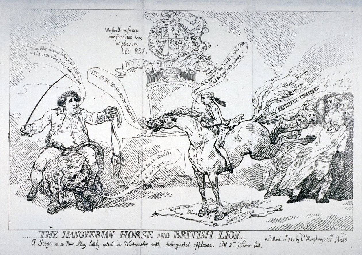 „Koń hanowerski i lew brytyjski”, 1784 autorstwa Thomas Rowlandson
