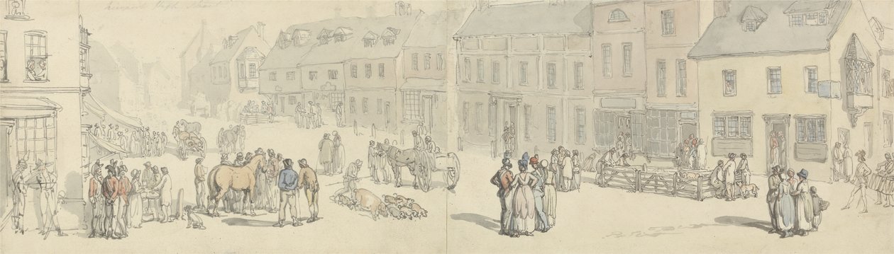 High Street w dzień targowy, Newport, Isle of Wight, ok. 1797-1800 (pióro i atrament i toaleta na papierze) autorstwa Thomas Rowlandson