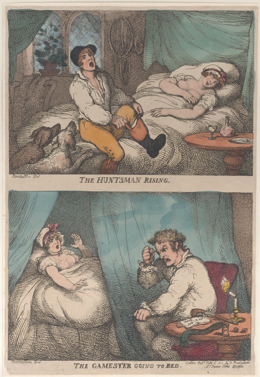 The Huntsman Rising, The Gamester Going to Bed, [31 lipca 1809],..., [31 lipca 1809], wznowione 1811. autorstwa Thomas Rowlandson