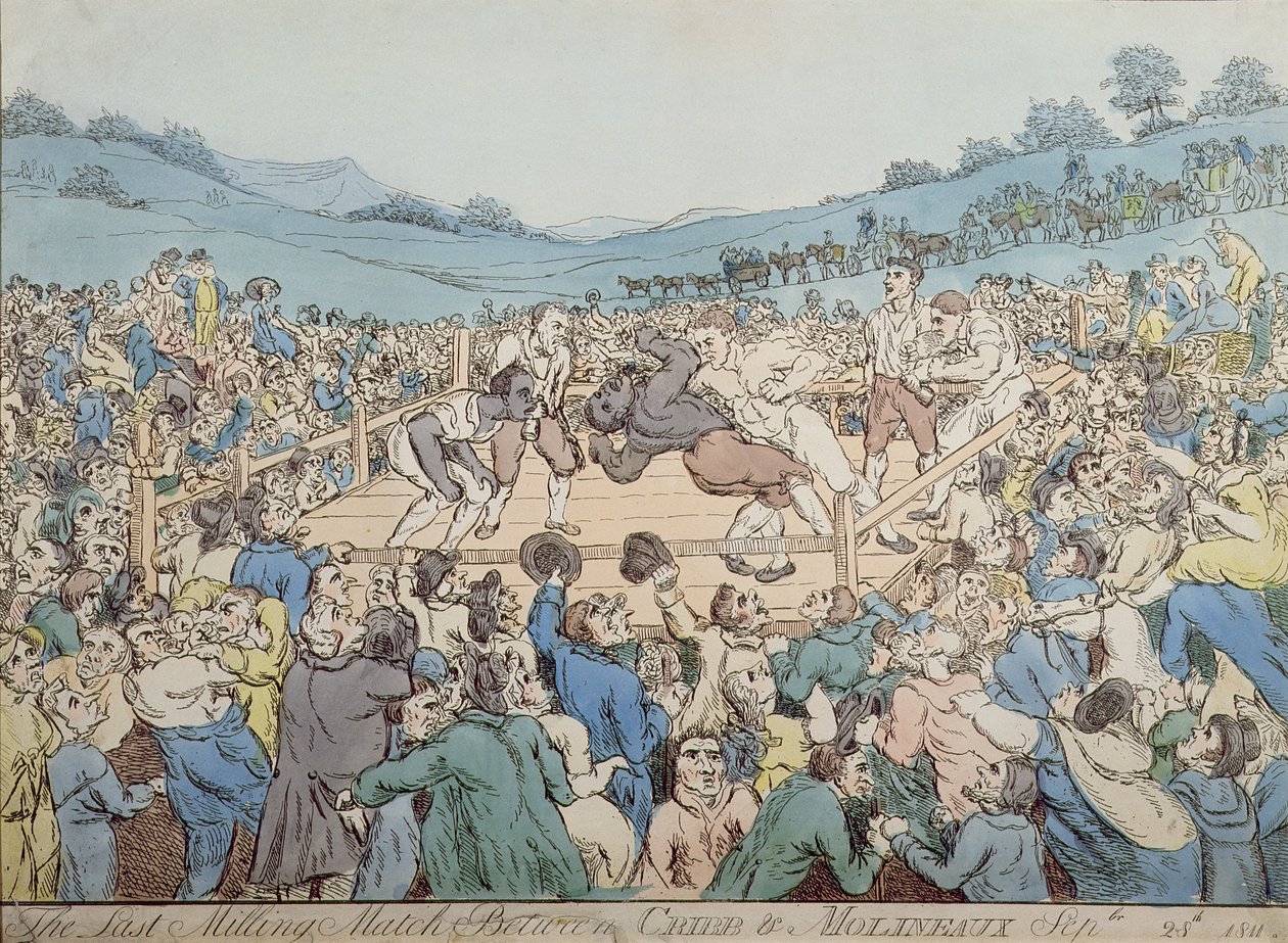Ostatni mecz młynarski między Cribb i Molineaux, 28 września 1811 (kolor grawerowany) autorstwa Thomas Rowlandson