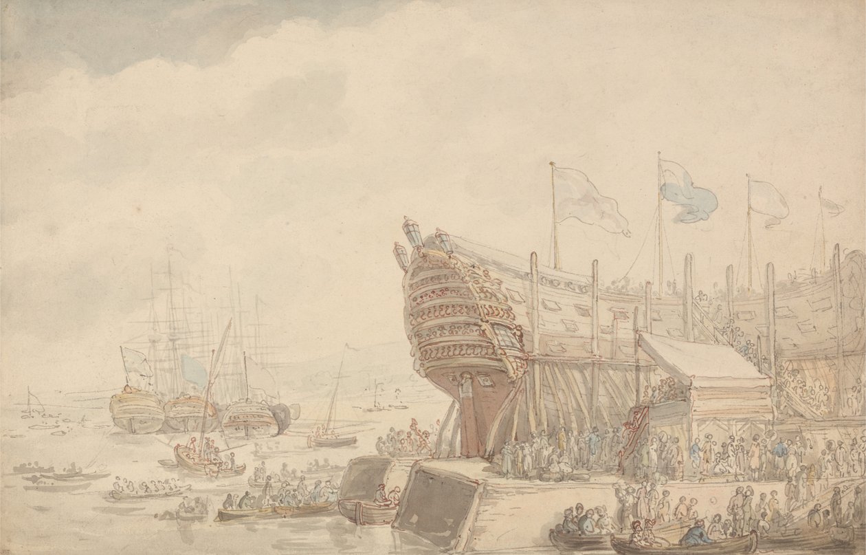 Wodowanie okrętu H.M.S. „Hibernia” w 1804 roku autorstwa Thomas Rowlandson