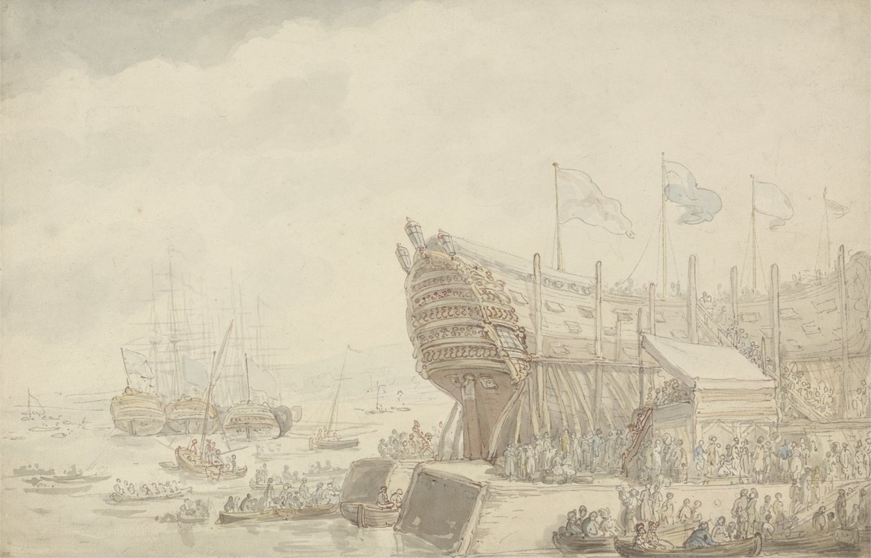 Uruchomienie H.M.S. „Hibernia” w Devonport, ok.1804 (pióro i atrament i akwarela na papierze) autorstwa Thomas Rowlandson