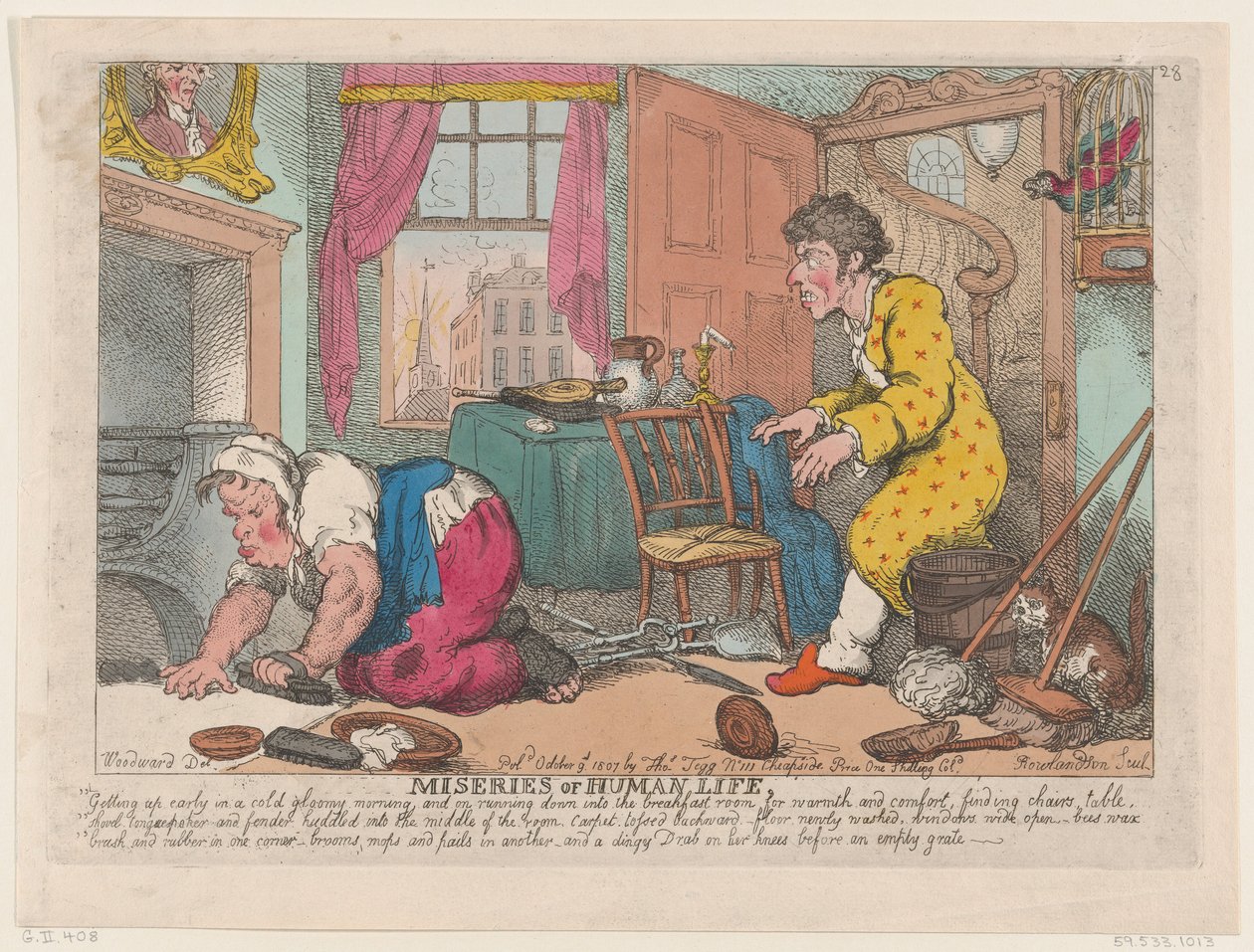 Nieszczęścia ludzkiego życia: wczesne wstawanie w zimny, ponury poranek...przed..., 9 października 1807 r. autorstwa Thomas Rowlandson