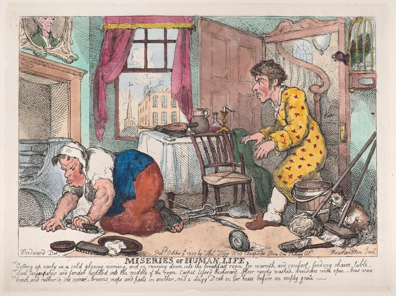 Nieszczęścia ludzkiego życia: wczesne wstawanie w zimny, ponury poranek...przed..., 9 października 1807 r. autorstwa Thomas Rowlandson