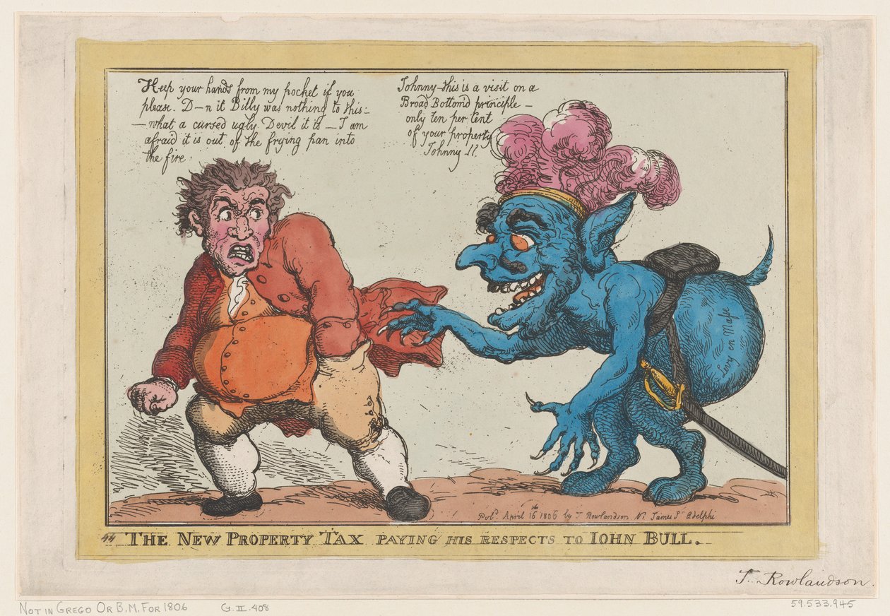 Nowy podatek od nieruchomości płacący wyrazy szacunku Johnowi Bullowi, 16 kwietnia 1806 r., 16 kwietnia 1806 r. autorstwa Thomas Rowlandson