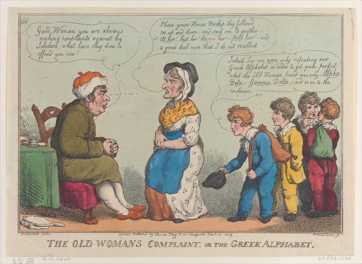 Skarga starej kobiety, czyli alfabet grecki, 15 stycznia 1809 r., 15 stycznia 1809 r. autorstwa Thomas Rowlandson