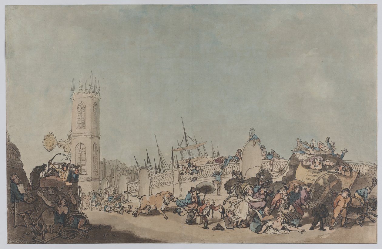 „Overdrove Ox” (Szalony byk na moście Westminster Bridge) autorstwa Thomas Rowlandson