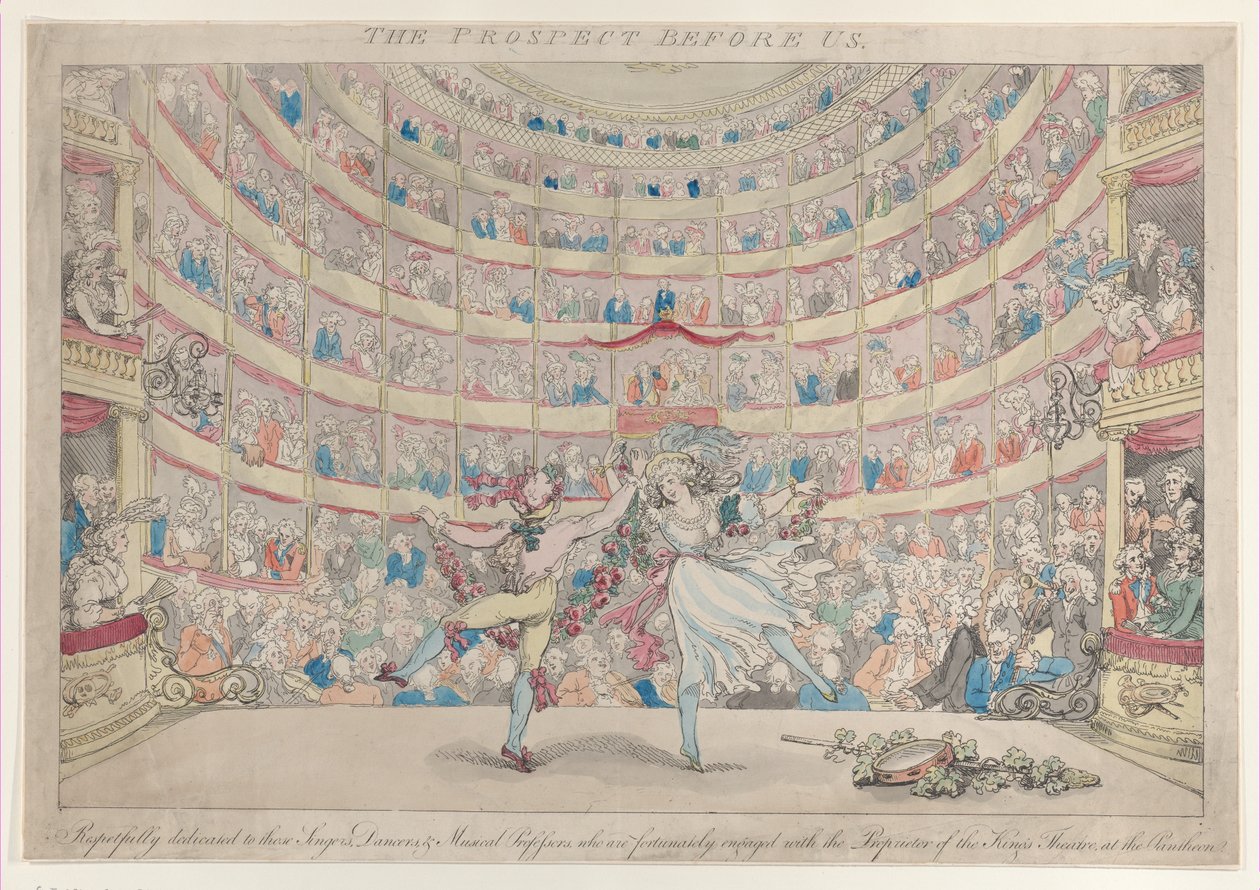 The Prospect Before Us, z szacunkiem poświęcony tym Singers, Dancers & Mu..., 13 stycznia 1791. autorstwa Thomas Rowlandson