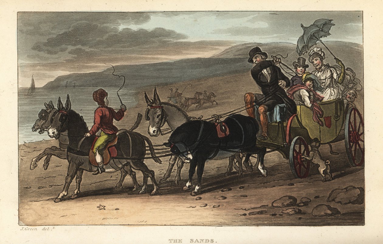 The Sands: turyści w barouche ciągniętym przez osły na plaży. Ręcznie barwiony miedzioryt autorstwa Thomasa Rowlandsona według szkicu J. Greena z Poetical Sketches of Scarborough, Ackermann, Londyn autorstwa Thomas Rowlandson