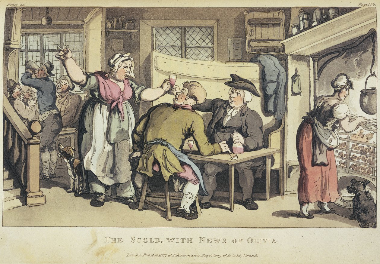 The Scold z wieściami o Olivii z „Wikariusza Wakefielda” Olivera Goldsmitha autorstwa Thomas Rowlandson