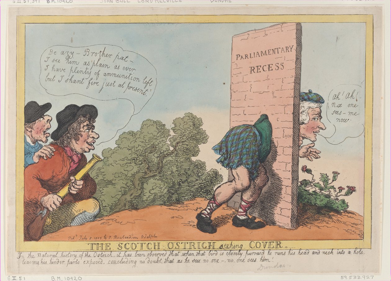 The Scotch Ostrich Seeking Cover, 8 lipca 1805 r., 8 lipca 1805 r. autorstwa Thomas Rowlandson