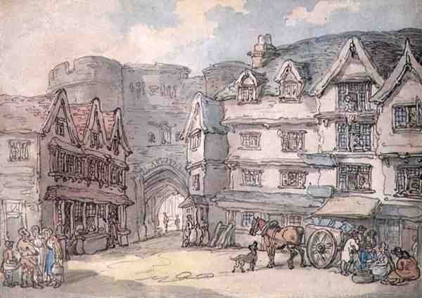 Brama Południowa, Exeter (pióro, akwarela i ołówek na papierze) autorstwa Thomas Rowlandson