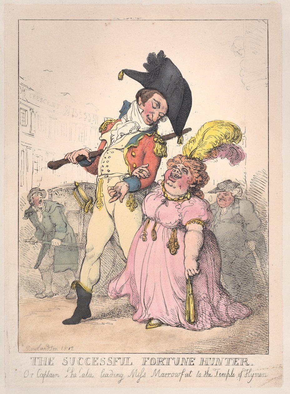 The Successful Fortune Hunter lub Captain Shelalee Leading Miss Marrowfat..., [1802], wznowione 1812. autorstwa Thomas Rowlandson