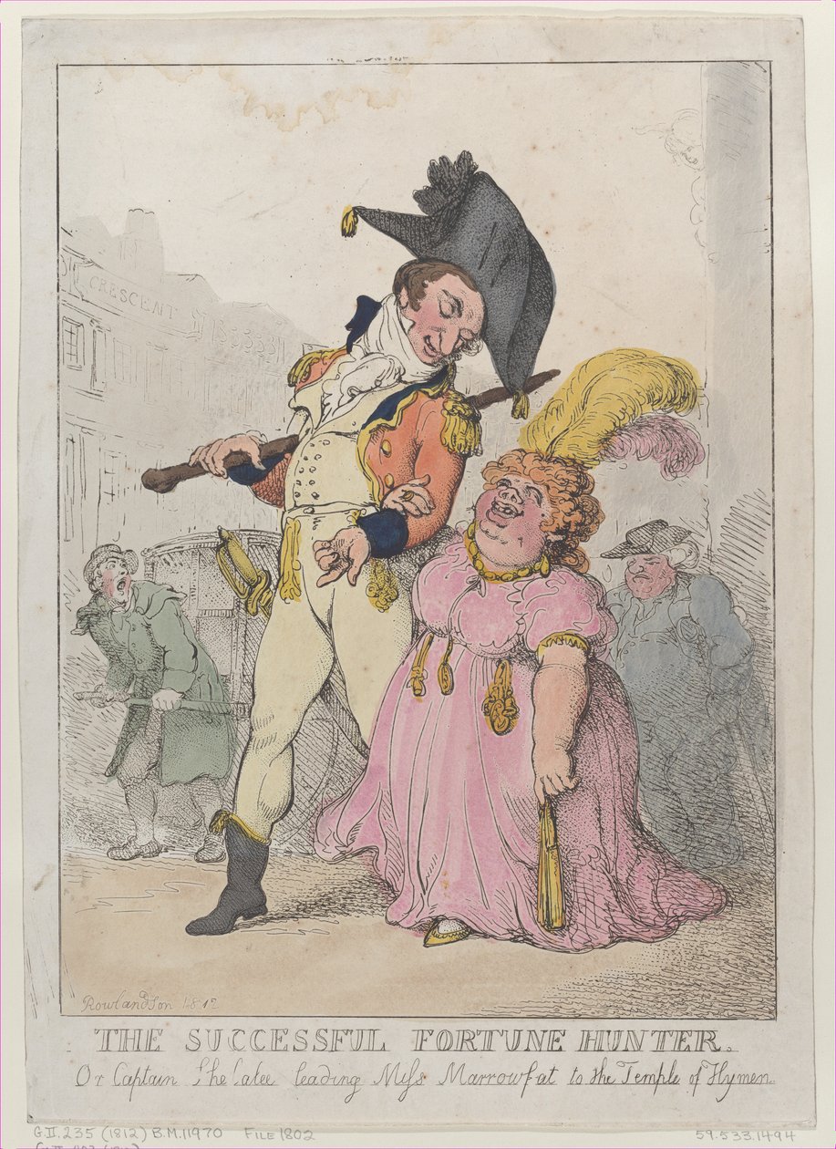 The Successful Fortune Hunter lub Captain Shelalee Leading Miss Marrowfat..., [1802], wznowione 1812. autorstwa Thomas Rowlandson
