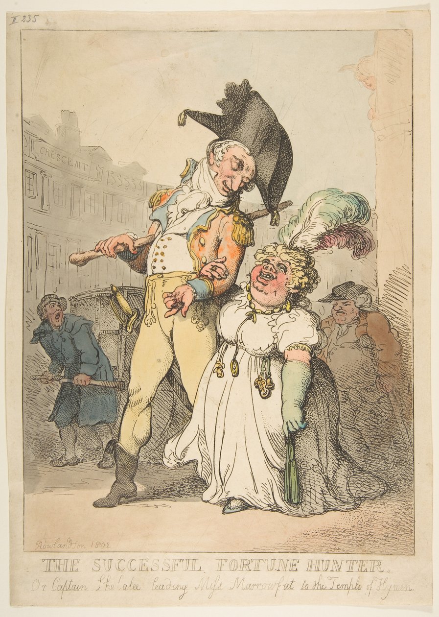 „Udany łowca fortuny”, czyli kapitan Shelalee prowadzący pannę Marrowfat do świątyni Himena autorstwa Thomas Rowlandson