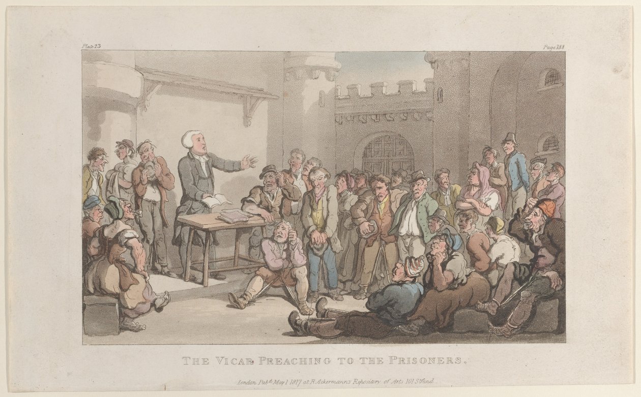Przemówienie wikariusza do więźniów, z Wikariusza Wakefield, 1 maja 1817, 1 maja 1817. autorstwa Thomas Rowlandson