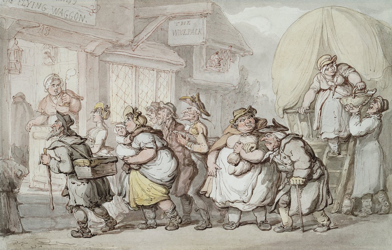 The Woolpack Inn: Przybycie "Latającego Waggonu", autorstwa Thomas Rowlandson
