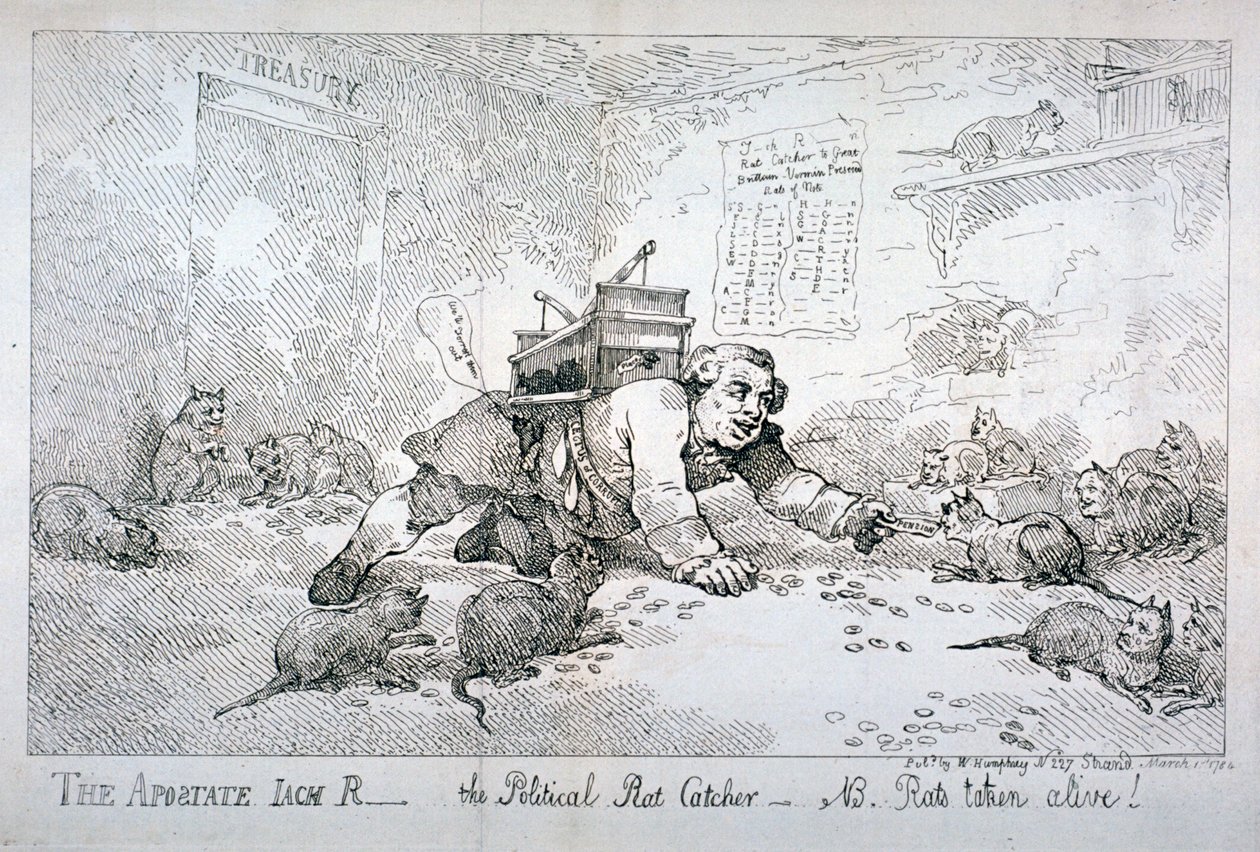 - Apostata Jack R - polityczny łapacz szczurów - NB. Szczury wzięte żywcem!”, 1784. autorstwa Thomas Rowlandson