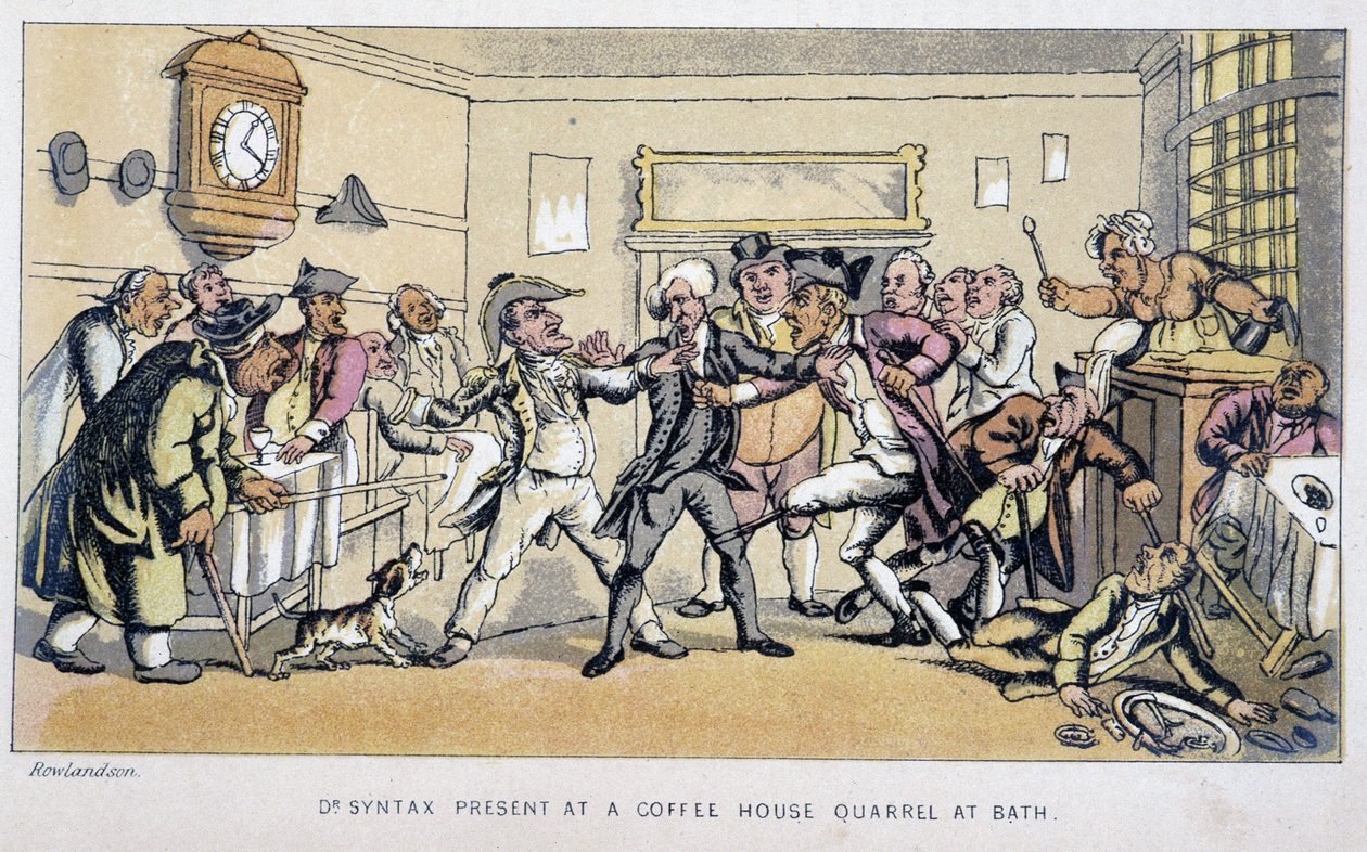 Lekarz w bistro, gdzie wybucha bójka – w „Trzech wycieczkach Doktora Syntaxa: w poszukiwaniu malowniczej pociechy i żony”” Williama Combe, chor. Rowlandson autorstwa Thomas Rowlandson