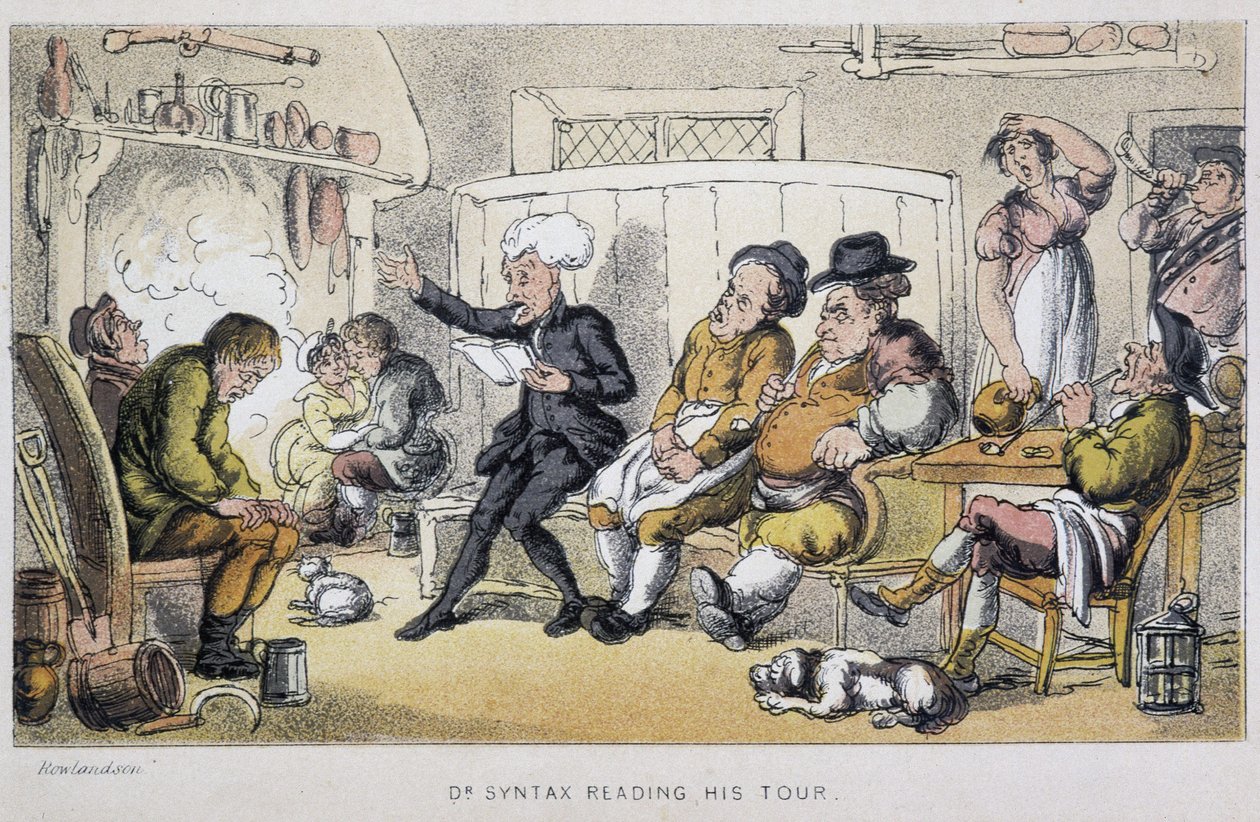 Lekarka czytająca na stypie – w „Trzech wyprawach doktora Syntaxa: w poszukiwaniu malowniczej pociechy i żony”” Williama Combe, chor. Rowlandson autorstwa Thomas Rowlandson