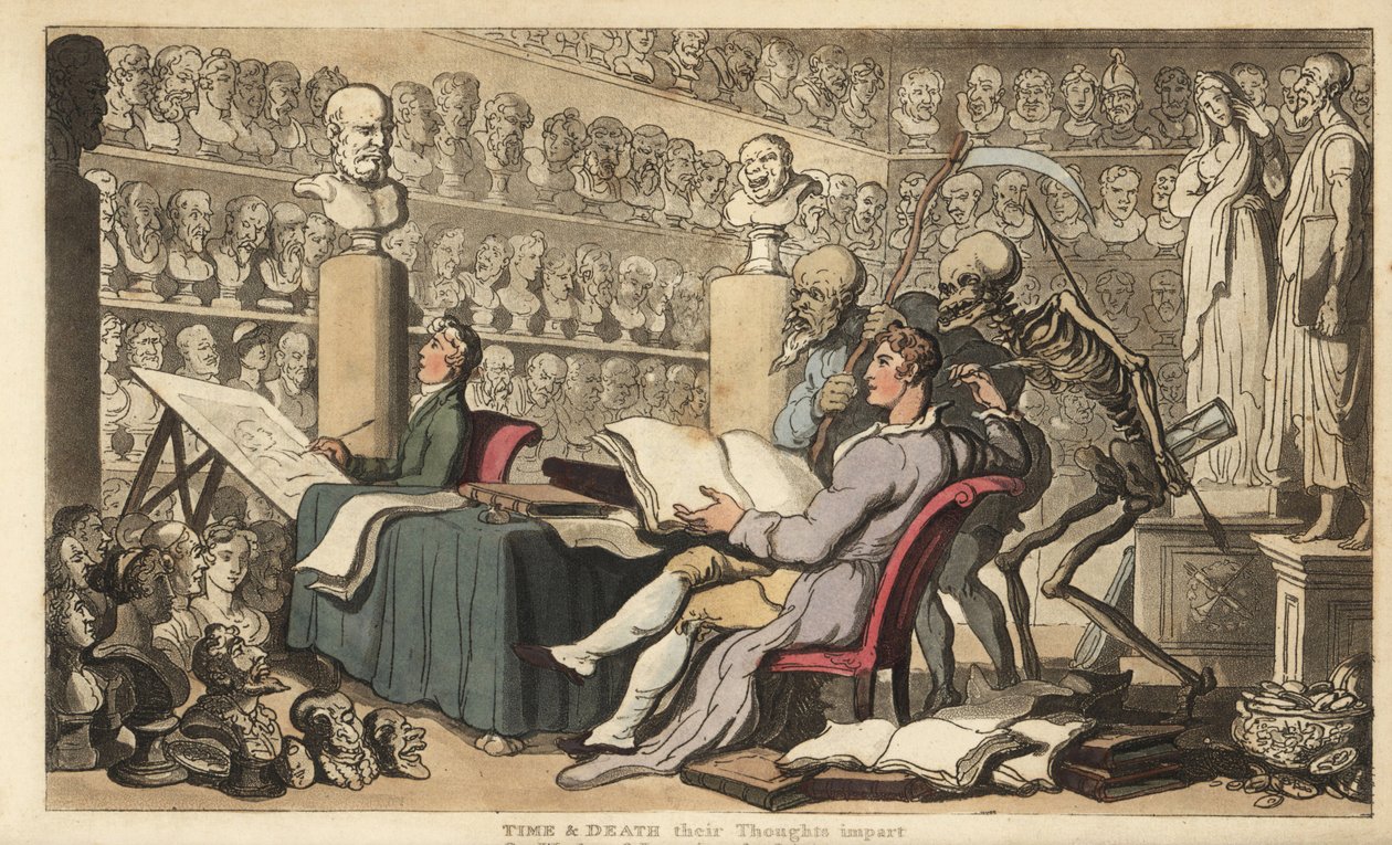 Postacie Czasu z kosą i Śmierci z włócznią i klepsydrą stoją za artystą rysującym gęsim piórem w atelier wypełnionym klasycznymi popiersiami i rzeźbami. Ręcznie kolorowany miedzioryt rysowany i grawerowany przez Thomasa Rowlandsona z The Eng autorstwa Thomas Rowlandson