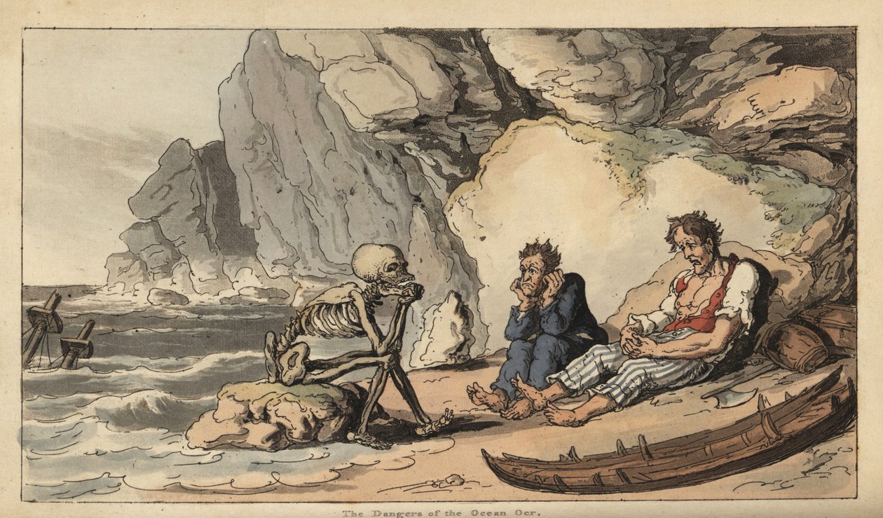 Szkieletowa postać Śmierci siedzi na plaży z dwoma rozbitkami marynarzy. Ręcznie kolorowany miedzioryt narysowany i grawerowany przez Thomasa Rowlandsona z The English Dance of Death, Ackermann, Londyn autorstwa Thomas Rowlandson